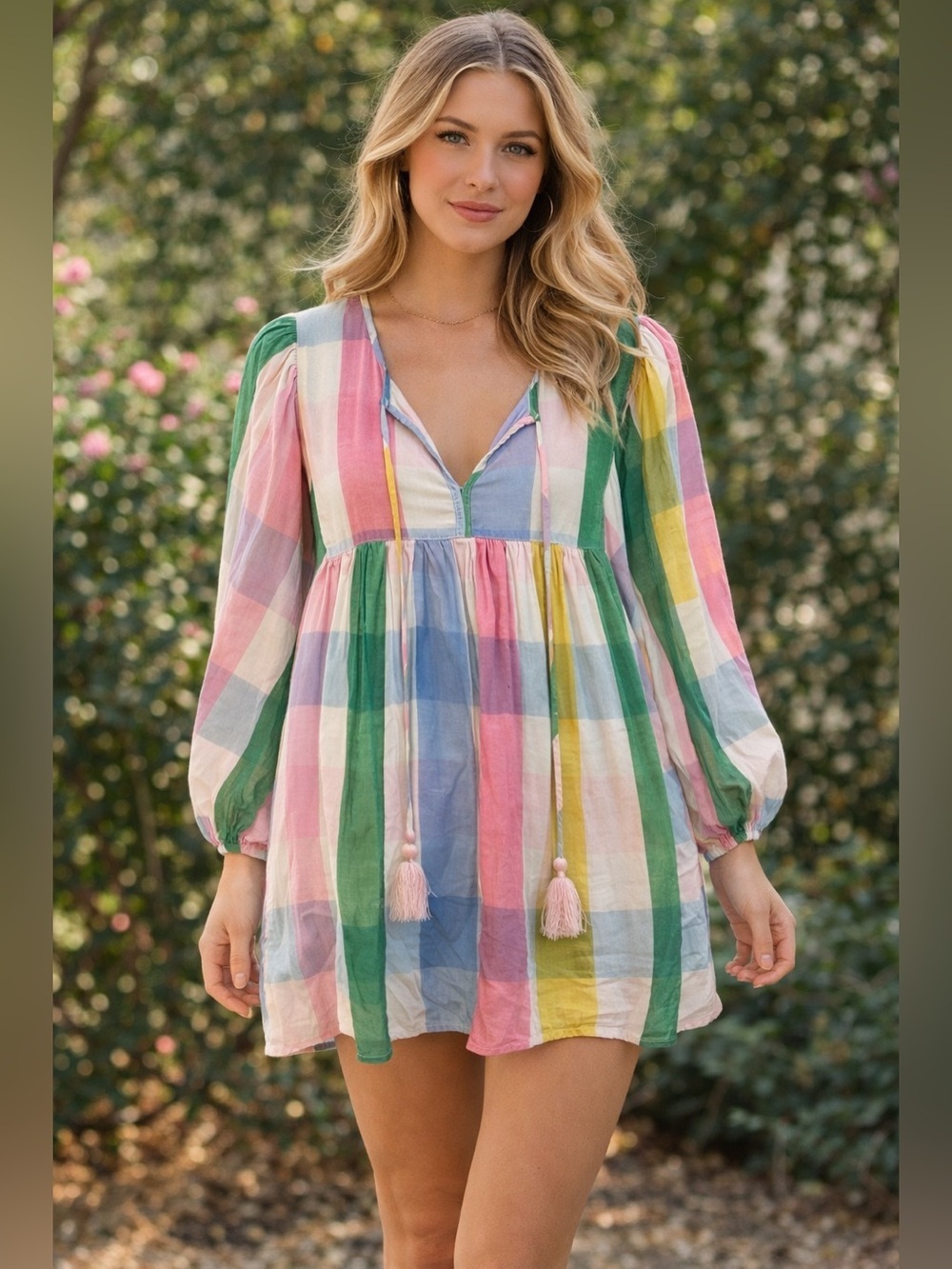 Indigo Soul Pastel Plaid Long Sleeve Dress